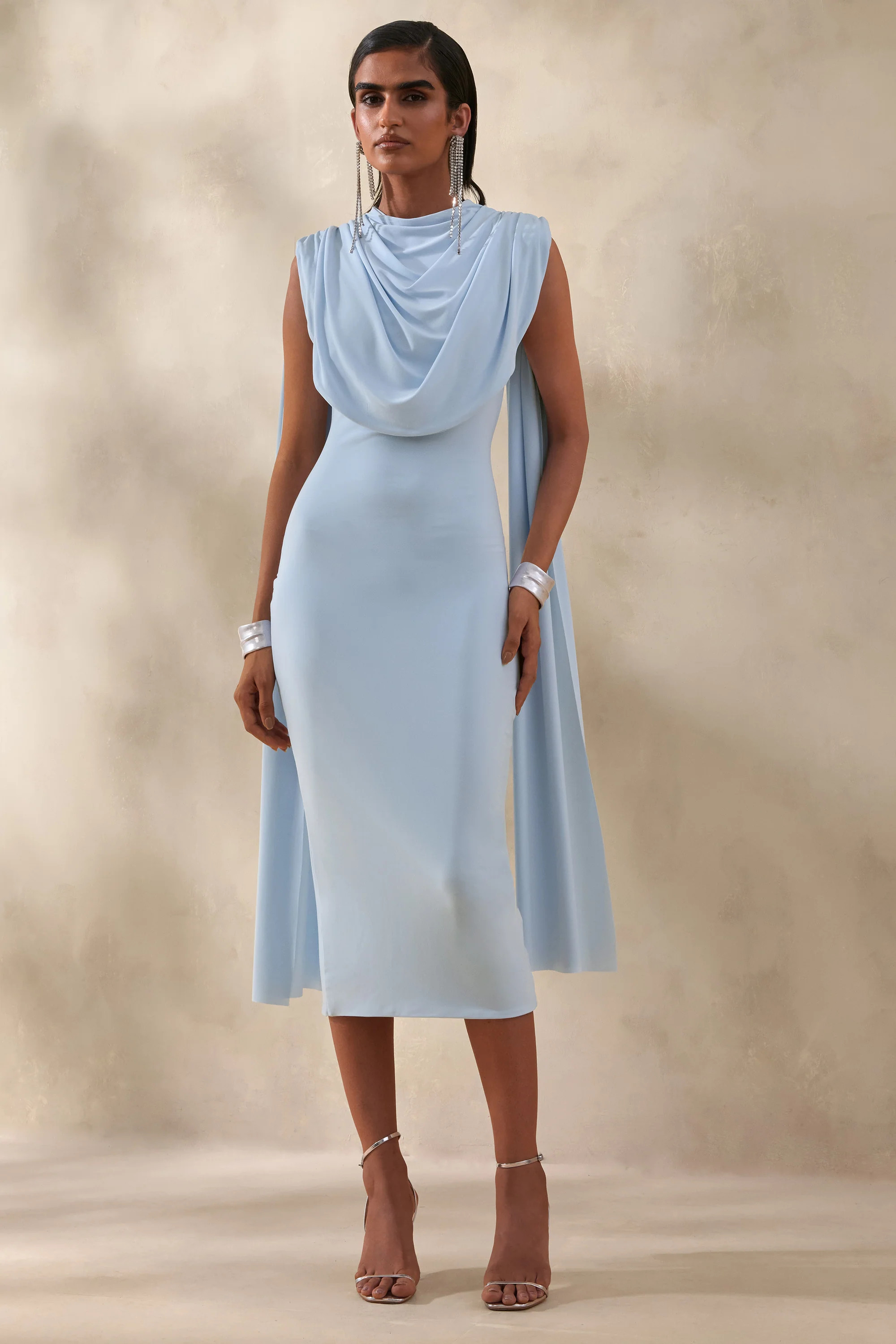 Lysandria | Powder Blue High-Neck Midi Dress With Draped-Detailing | Club L London