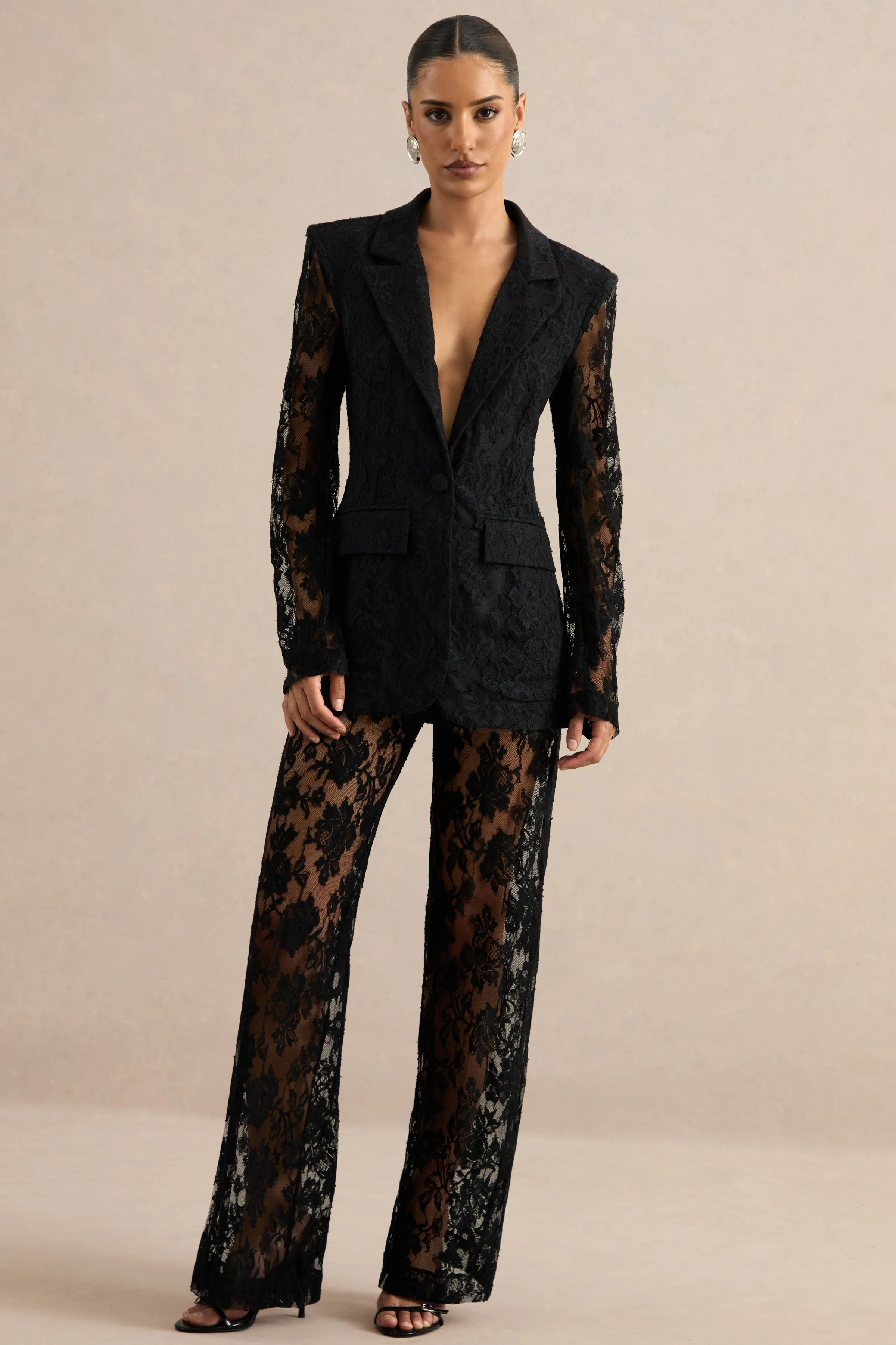 Viloria | Black Lace Wide-Leg Trousers | Club L London
