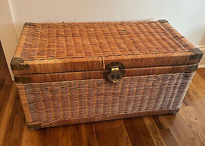 Vintage Chinoiserie Asian Style Wicker Trunk Chest w Etched Brass Hardware - 32" | eBay US