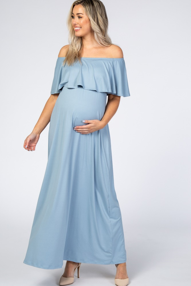 Light Blue Off Shoulder Maxi Maternity Dress | PinkBlush Maternity