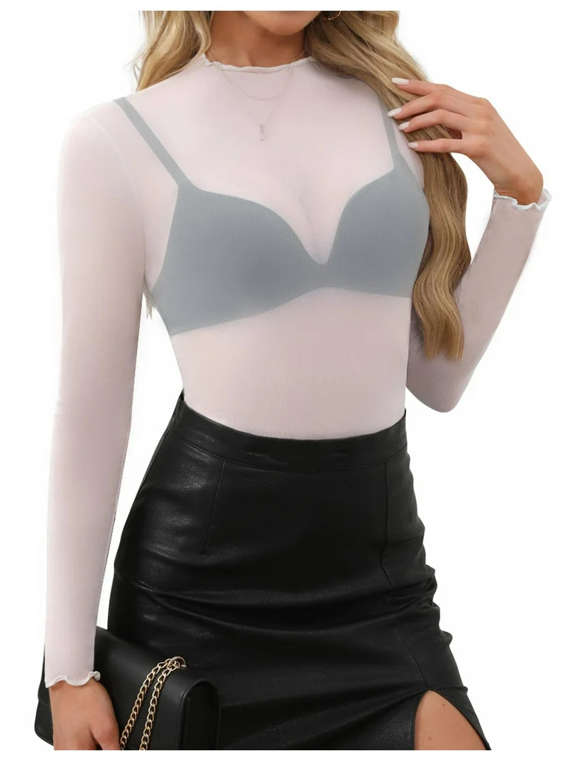 Zeagoo Womens Mesh Sheer See Through Mock Neck Top Long Sleeve Going Out Sexy Nightout Clubwear T... | Walmart (US)