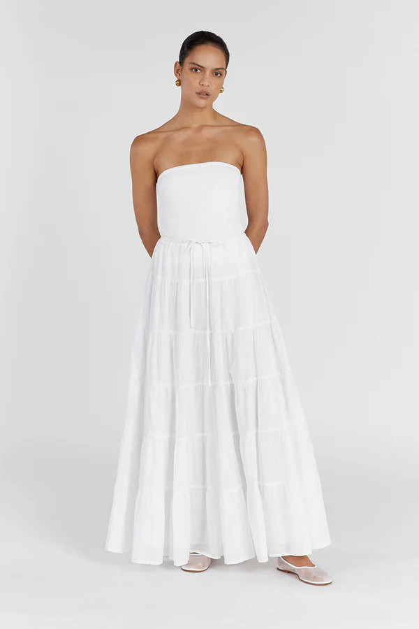 ARI WHITE LINEN TIERED MAXI SKIRT | DISSH