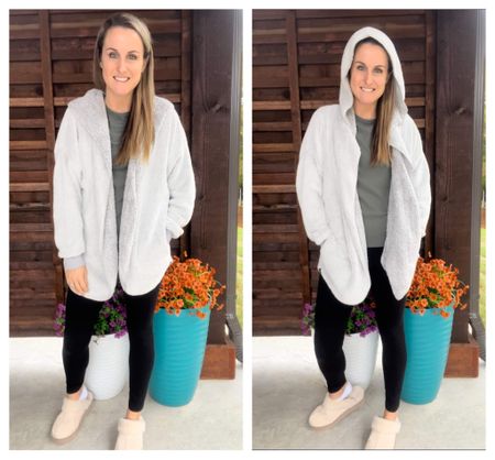 #walmartpartner 
The pefect lazy day cozy comfy outfit! I can’t get enough of my plush hooded cardi! Leggings are a staple and the platform slippers remind me of a much more expensive brand!! All is from @Walmart! @walmartfashion #walmartfashion