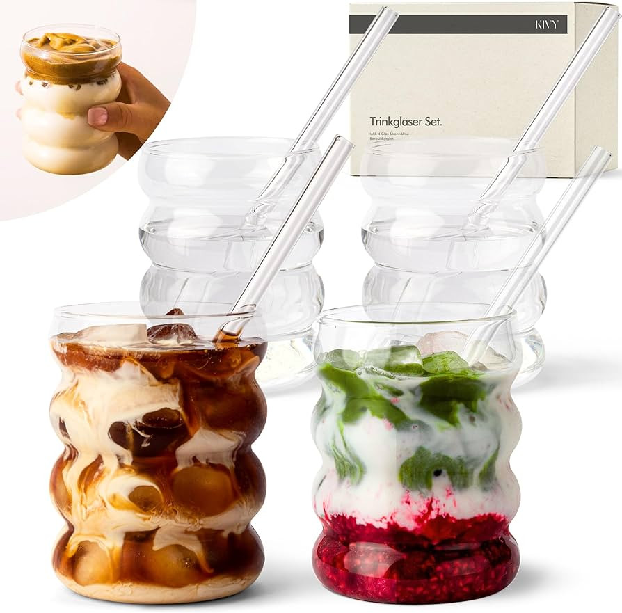 KIVY Set of Glass Glasses with Straw [4 x 350 ml] – Water, Coffee & Matcha Glasses – Glass wi... | Amazon (ES)