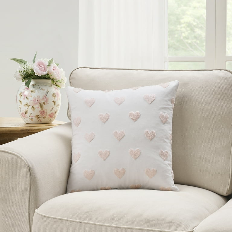 18" x 18" Tufted Hearts Cotton Decorative Pillow Cover, Pink and White, by My Texas House | Walmart (US)