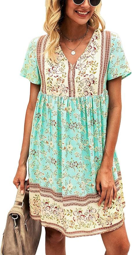 KIRUNDO Women’s Summer Floral Mini Dress V Neck Short Sleeve Casual Dress Flowy Loose Cute Dres... | Amazon (US)