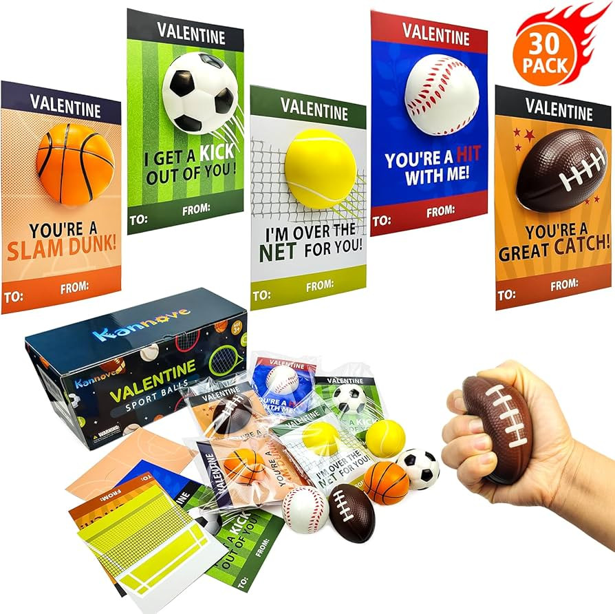 Valentines Day Sports Gifts Cards for Kids School,30 Pack Foam Sport Ball Toys with Classroom Exc... | Amazon (US)