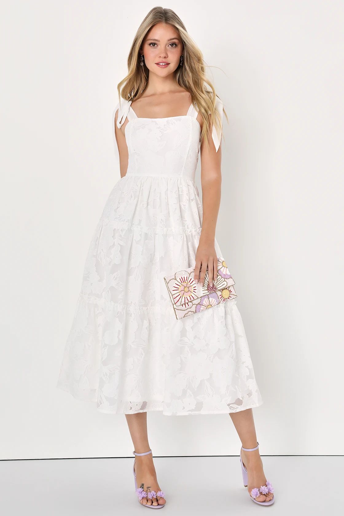 Proof of Perfection White Floral Tiered Tie-Strap Midi Dress | Lulus (US)