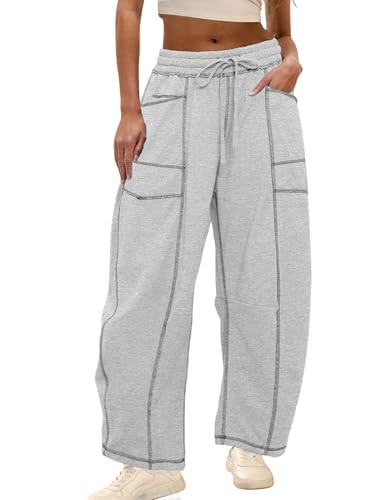 Freyhem Womens Slouchy Barrel Sweatpants Mid Waisted Wide Leg Pants Drawstring Athletic Baggy Pants Lounge Sweats(LightGrey-S) | Amazon (US)