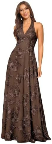 Women's Halter Floral Bridesmaid Dress Long Tulle Embroidery Formal Prom Evening Gown | Amazon (US)