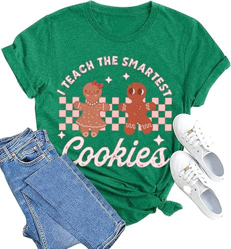 I Teach The Smartest Cookies T-Shirt Women Funny Teacher Christmas Shirt Cute Graphic Xmas Tees Retro Short Sleeve Top (M, Green) | Amazon (US)