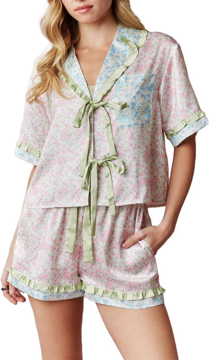 Cute Bow Pajamas for Women Silk Satin Y2k Floral Print 2 Piece Pjs Bow Tie Short Sleeve Shirt and... | Amazon (US)