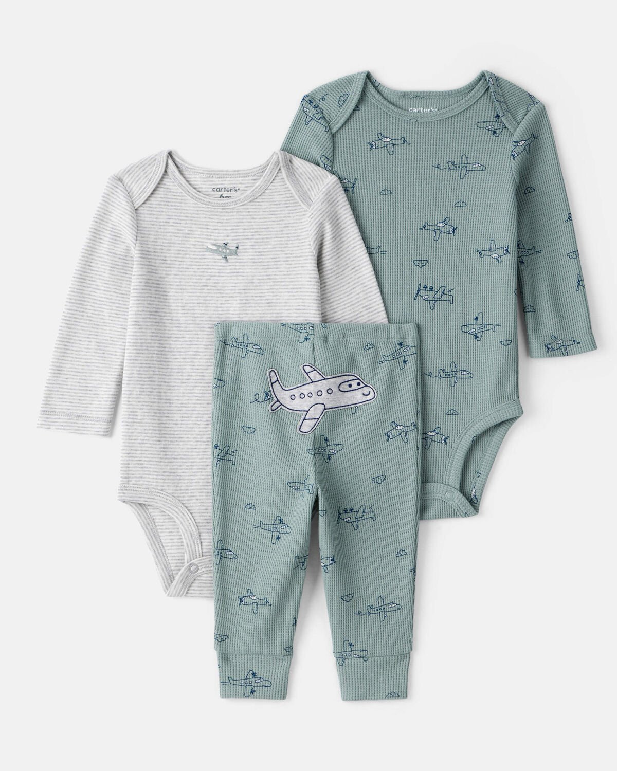 Baby Boy 3-Piece Airplane Print Long-Sleeve Bodysuit & Pant Set - Blue | Carter's Inc