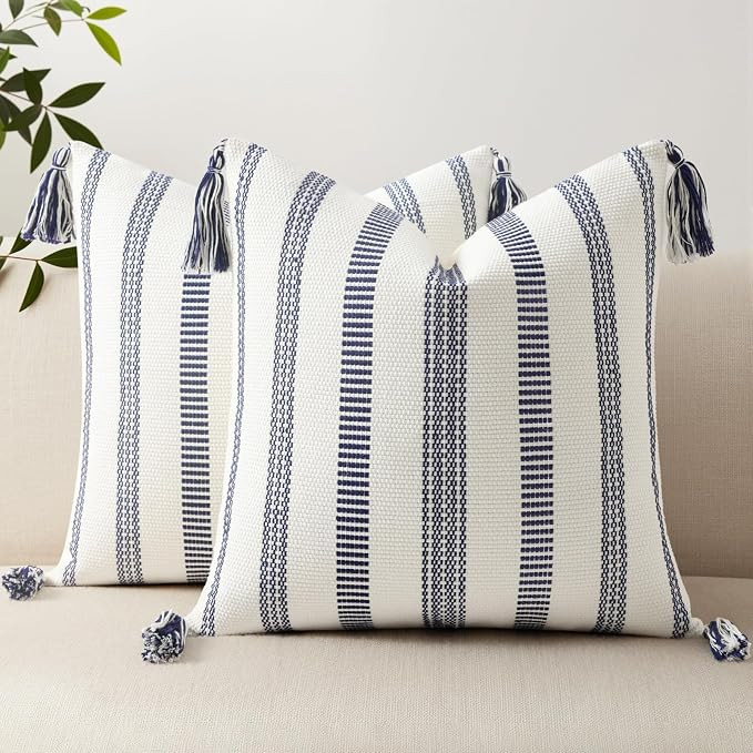 Spring Boho Outdoor Throw Pillow Covers Set of 2, Decorative Woven Striped Pillow Covers with Tas... | Amazon (US)