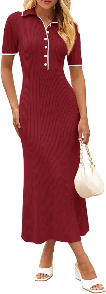 MEROKEETY Women's V Neck Ribbed Knit Maxi Dress Button Short Sleeve Slim Fit Bodycon Sweater Dres... | Amazon (US)