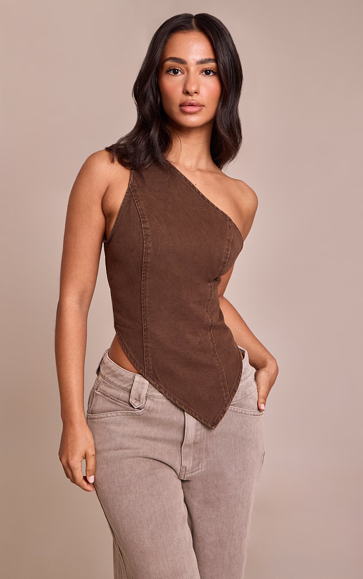 Petite Chocolate Denim Asymmetric Top | Petite | PrettyLittleThing US