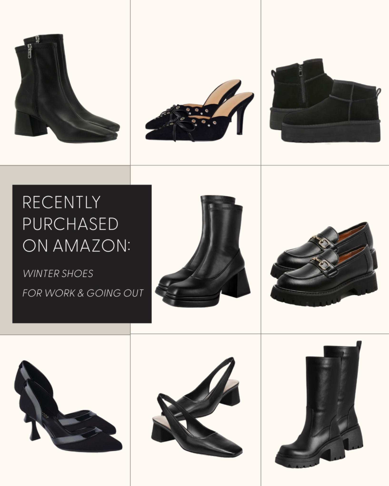 8 pairs of shoes to get you through the winter without spending $$$ 🖤
➡️🔗 ⬇️🔗 order left to right, top to bottom
Note‼️🔗 no. 1 & no. 4: square toe with and w/o platform, ankle height 
Note ‼️🔗 no. 3: UGG mini platform dupe 
Note ‼️🔗 no. 7: Sam Edelman dupe
Note ‼️🔗 no. 8: mid-calf, fitted not tight ~ only $19.99 and so comfy! 

#LTKfindsunder50 #LTKworkwear #LTKstyletip