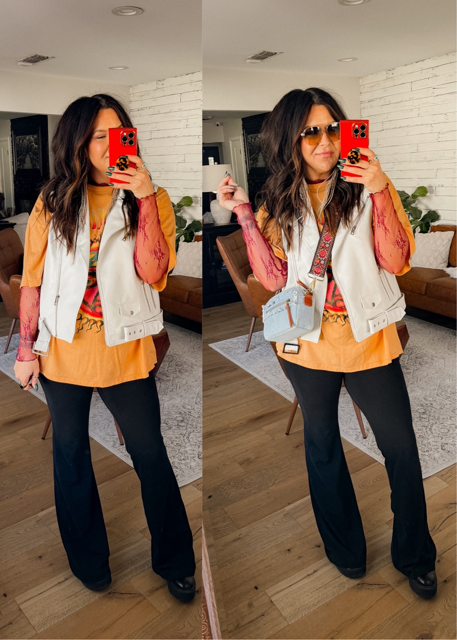 Lace under shirt: XL
Graphic Tee: old, but I linked up several
Options. 
Faux Leather Vest XL
Flare legging: XL 33” inseam


#LTKfindsunder50 #LTKmidsize #LTKstyletip