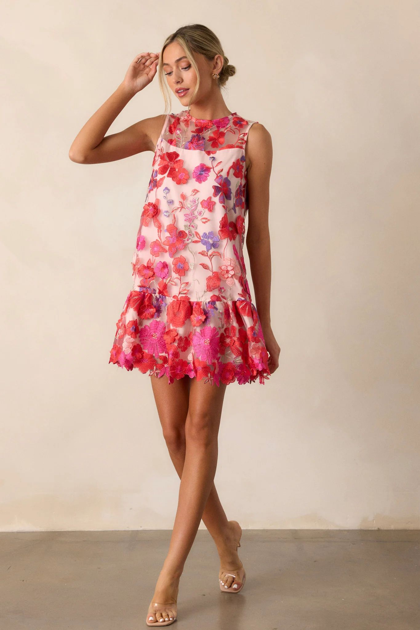 Take A Moment Light Pink Floral Embroidered Mini Dress | Red Dress