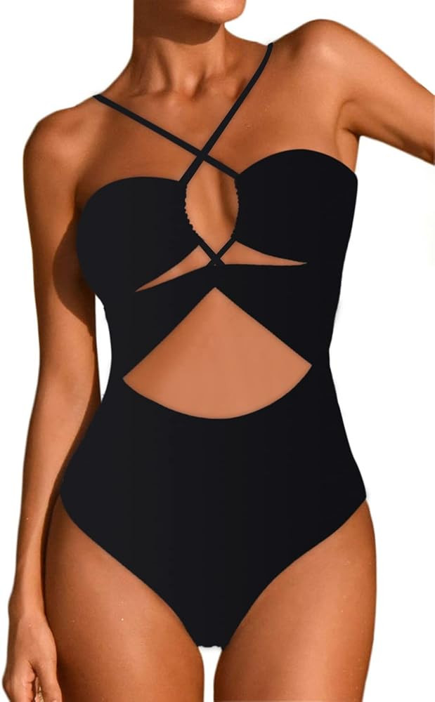 Eomenie Womens One Piece Swimsuits Cutout Criss Cross Bathing Suit Plunge Neckline Monokini Slimming | Amazon (US)