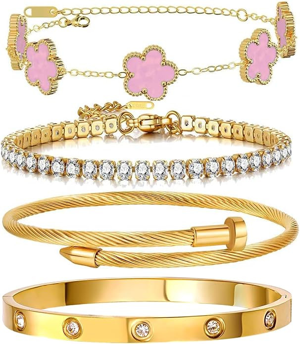 Gold Bracelets for Women, 18K Gold Plated Women Tennis Bracelets Clover Nail Love Bangle Bracelet... | Amazon (US)