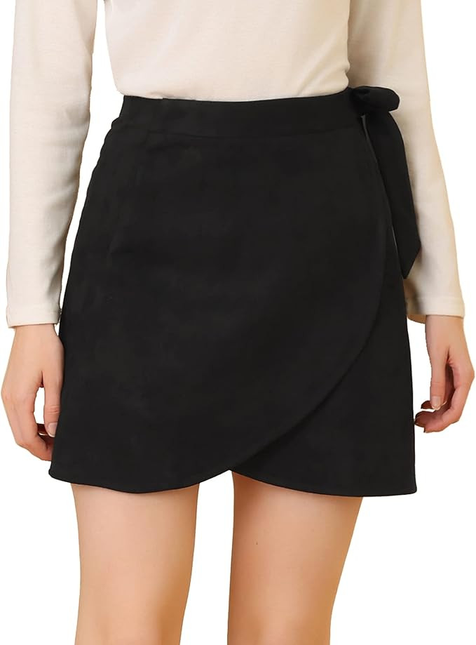 Allegra K Women's Mini Wrap Skirts Tie Waisted A-Line Faux Suede Skirt | Amazon (US)