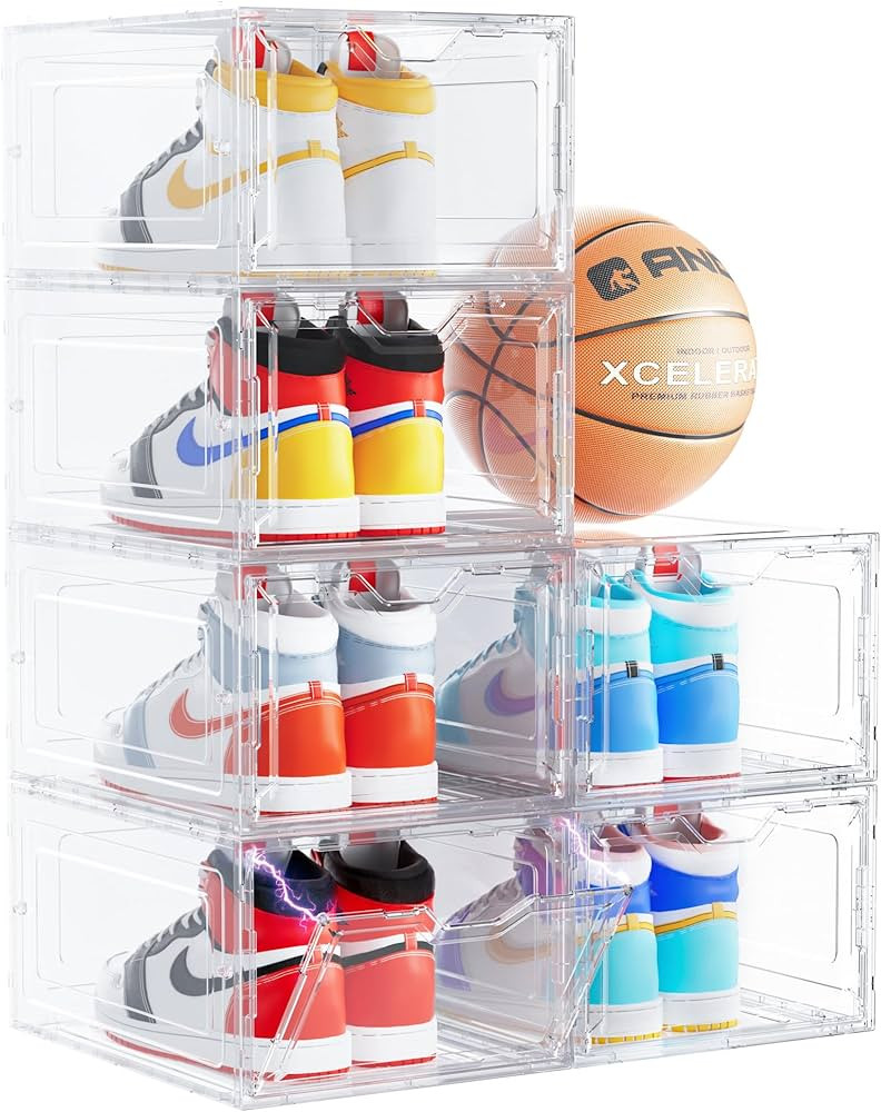 Delamu Large Sturdy Shoe Organizer, 6 Pack Plastic Shoe Storage Boxes with Magnetic Door, Clear S... | Amazon (US)
