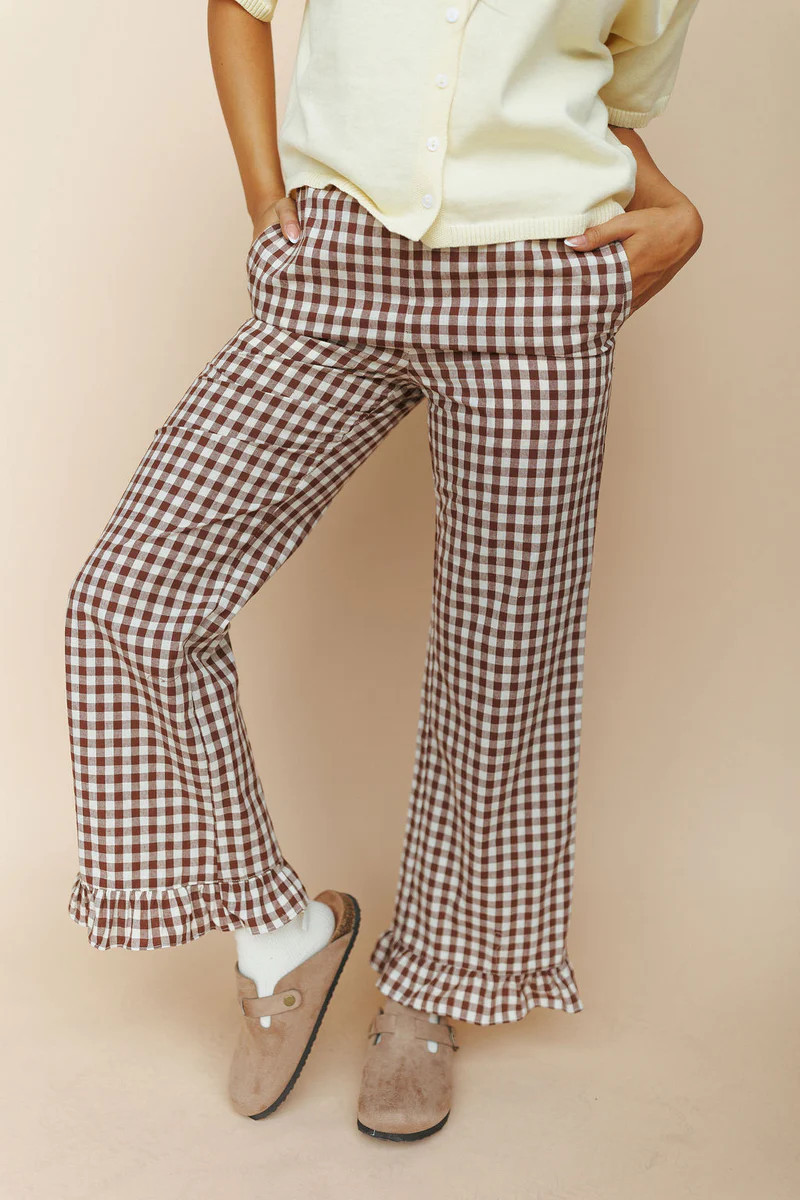 Marci Ruffle Gingham Pants in Brown | Henly