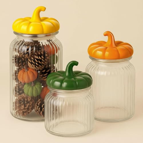 Mimorou 3 Set Fall Glass Jar with Pumpkin Lid Fall Clear Candy Jar Food Storage Canister with Airtight Ceramic Lid for Thanksgiving Party Tea Cookie Table Decoration(Yellow, Orange, Green,Autumn) | Amazon (US)