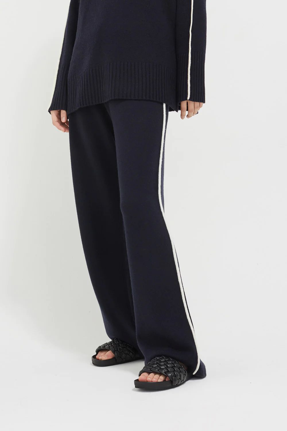 Navy Wool-Cashmere Piped Wide-Leg Pants | Chinti and Parker