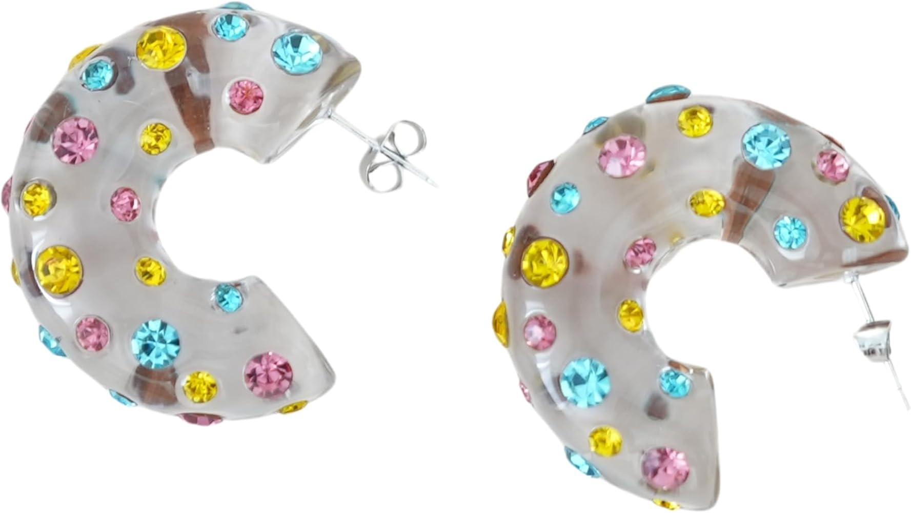Chunky Multi-Colour Rhinestone Earrings, Blue, Yellow, Pink | Amazon (US)
