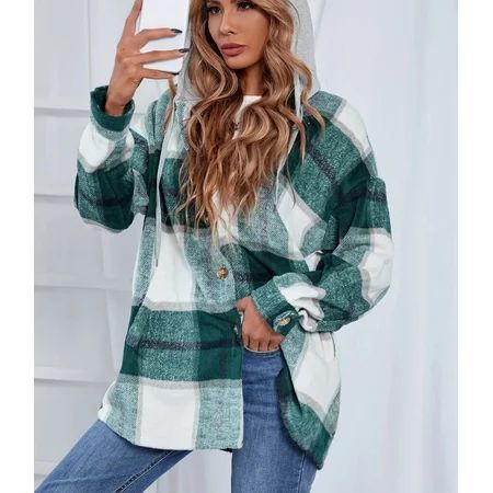 Womens Check Hooded Shirts Button Down Long Sleeve Oversized Blouses Tops with Pockets | Walmart (US)