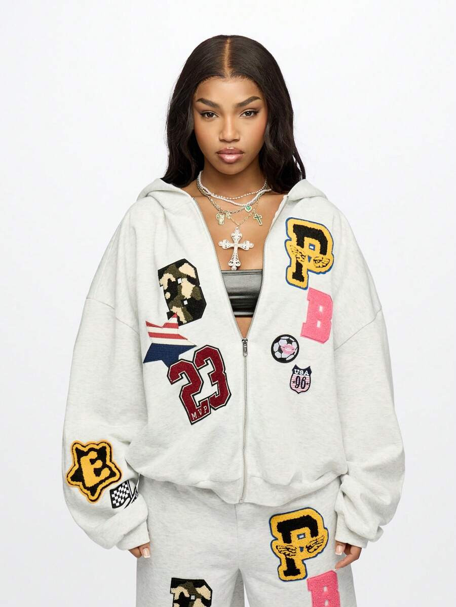 SUMWON WOMEN Varsity Style Full-Zip Hoodie With Patches Applique Badge Design Streetwear Athletic... | SHEIN