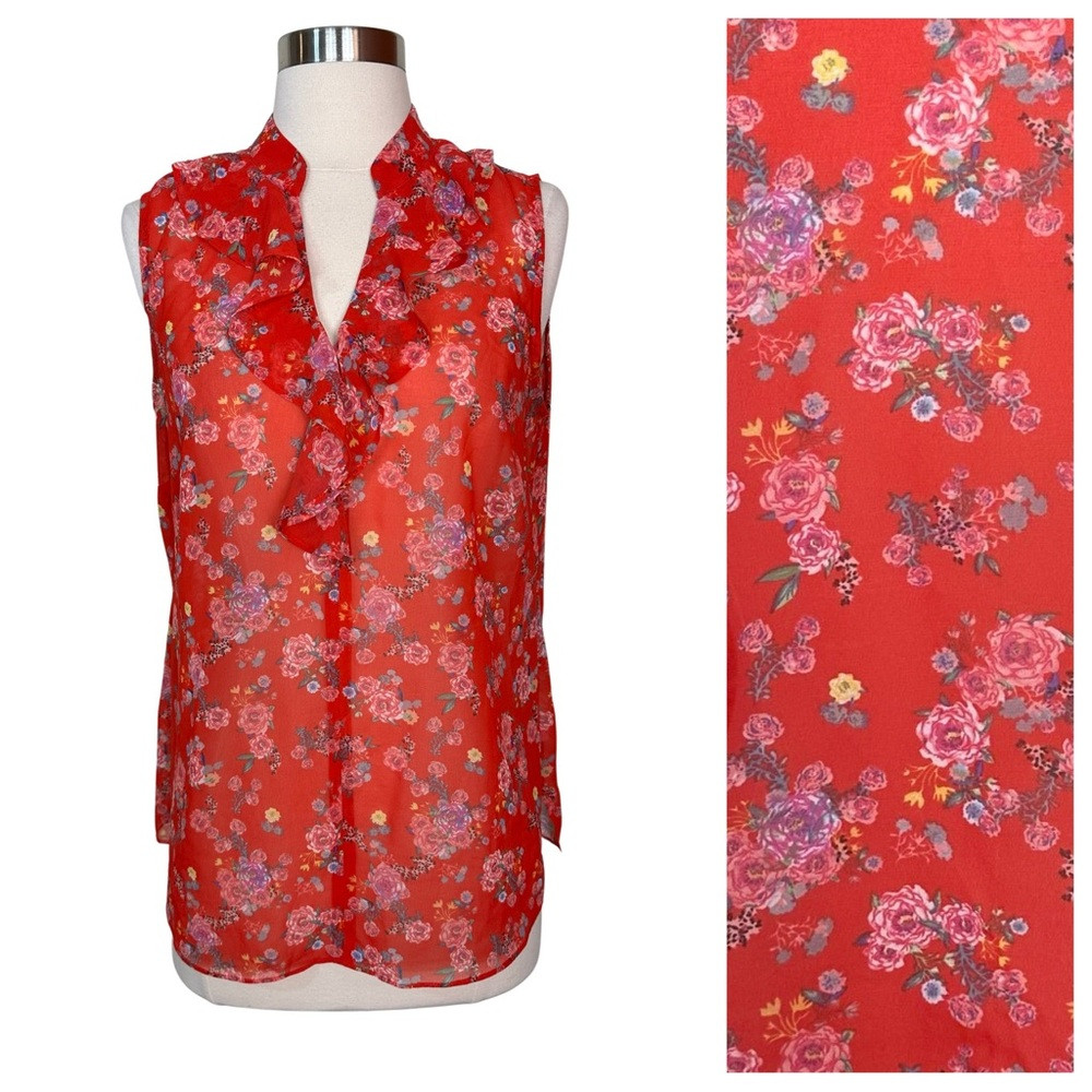CAbi Crush Floral Ruffled Chiffon Sleeveless Lightweight Semi-Sheer Blouse Top S | Poshmark