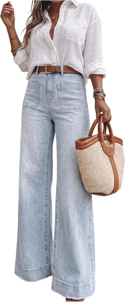 Women's High Waisted Wide Leg Jeans with Retro Patch Pockets Stretchy 70s Vintage Loose Denim Pan... | Amazon (US)