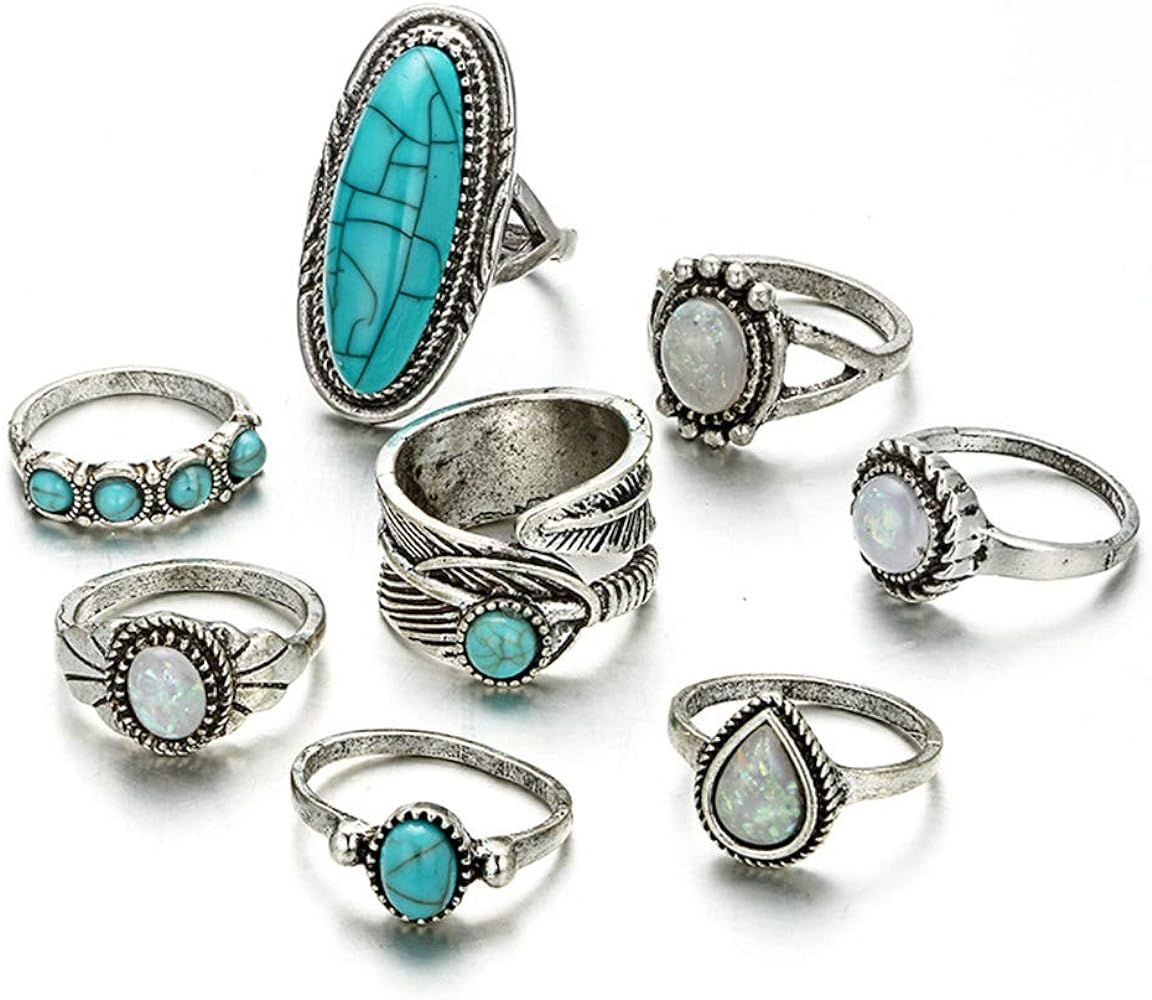Asphire 8 Pcs Bohemian Joint Knuckle Rings Set Oval Turquoise Finger Ring Opal Gemstone Teardrop Mid | Amazon (US)