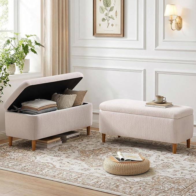 39.4”Ottoman with Storage Set of 2,Upholstered Comfy Storage Bench Ottoman with Wooden Legs,End... | Amazon (US)