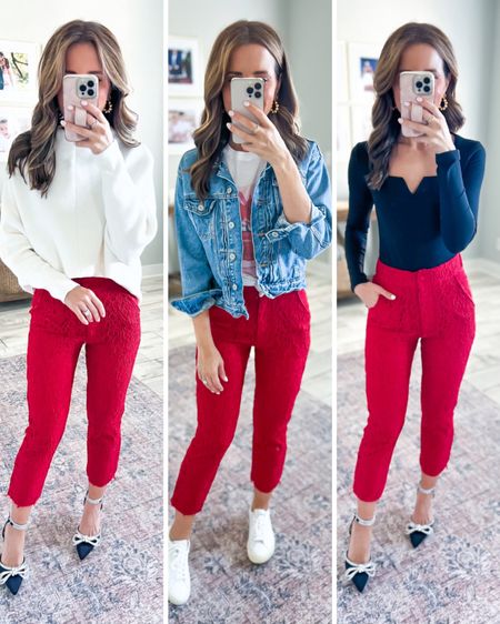 Red lace crop pants (XXS, code here is Lisa15). Valentine’s Day outfit. Teacher outfit. Date night outfit. Amazon cream sweater (XS). Old Navy denim jacket (XSP). Favorite white sneakers. Amazon bodysuit (XS). 

#LTKstyletip #LTKworkwear #LTKFind
