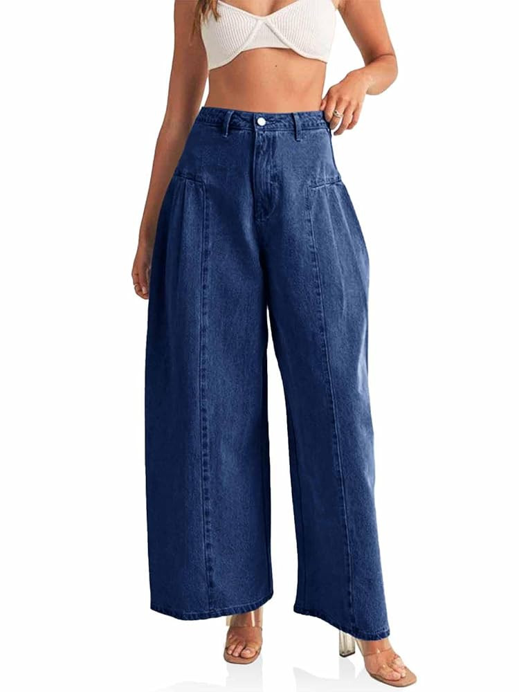 PLNOTME Womens Baggy High Waisted Jeans Loose Boyfriend Wide Leg Side Pleated Denim Pants | Amazon (US)