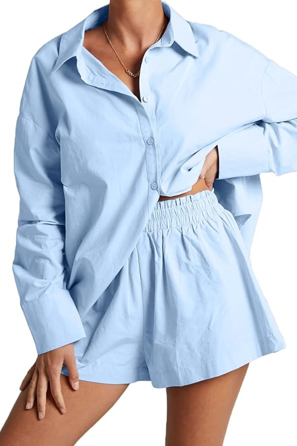 CHYRII Women's Two Piece Outfits Casual Long Sleeve Button Down Shirts Shorts Sets | Amazon (US)