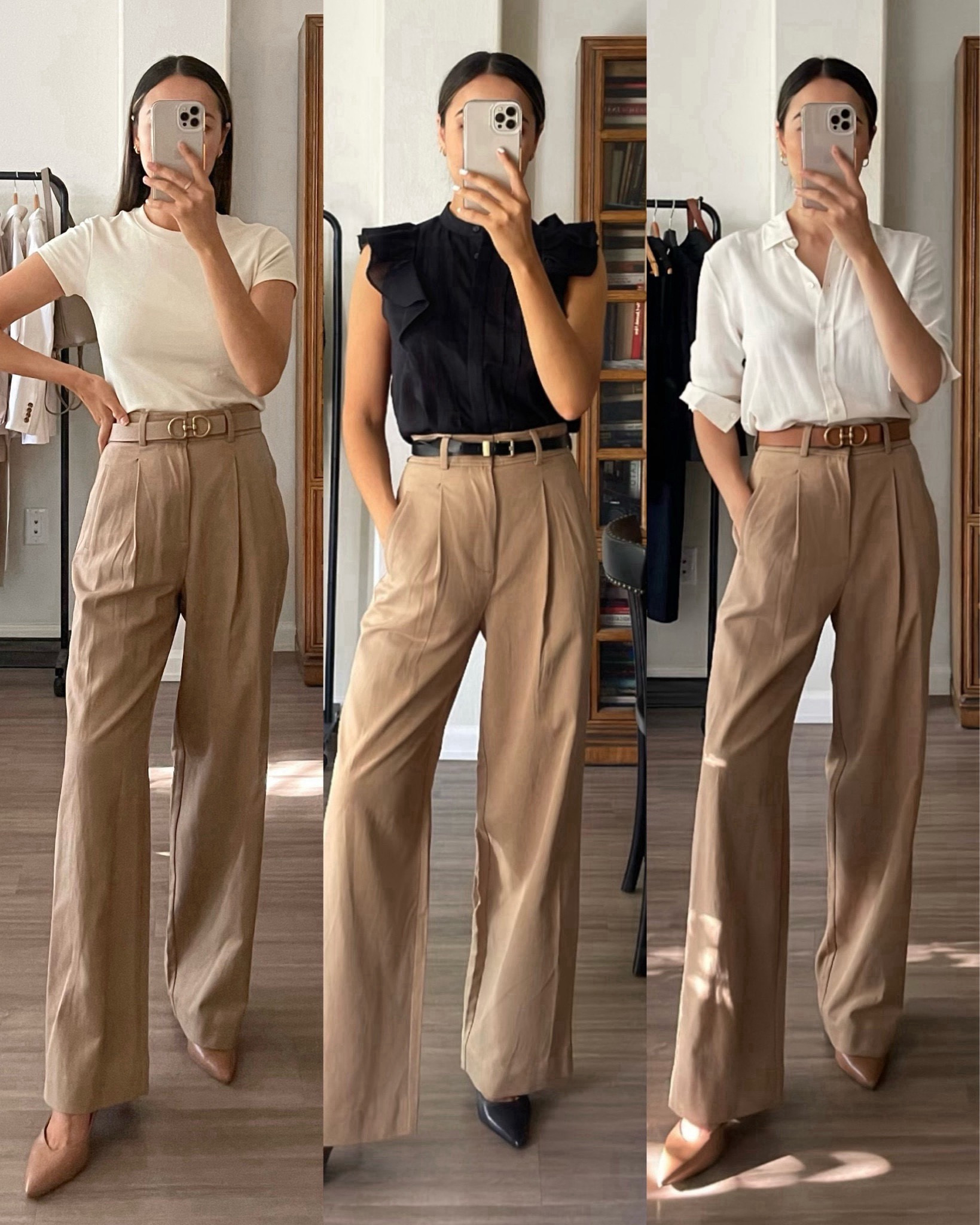 Workwear styling wide leg tan pants 

• everlane high drape pants 
• linked to similar tops 
• Nordstrom belt 
• edited pieces belt 

#LTKWorkwear #LTKStyleTip