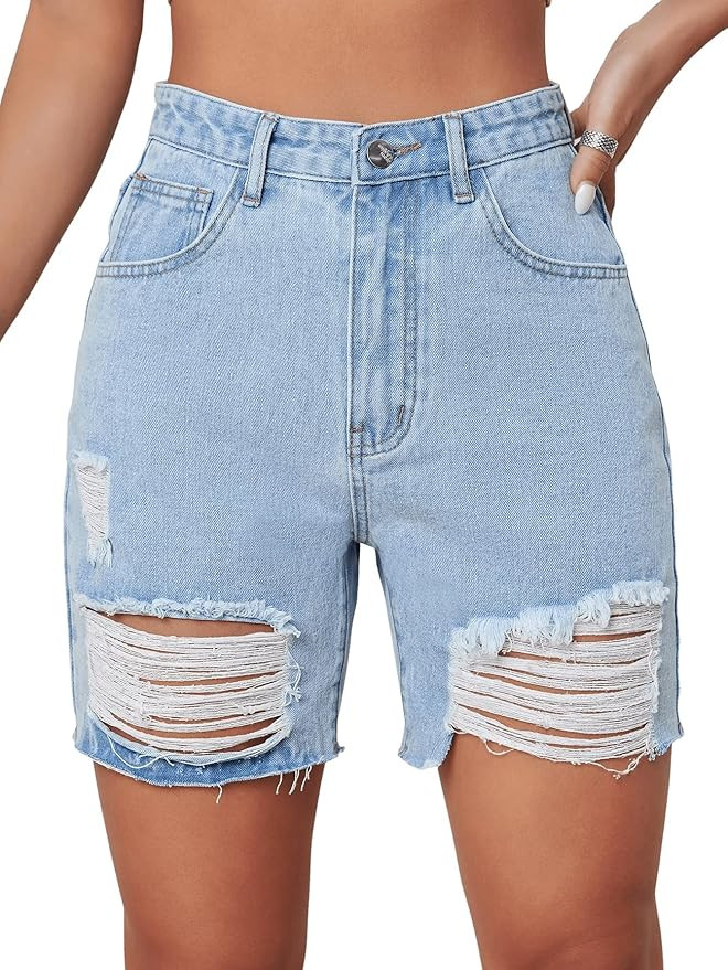 SweatyRocks Women's Asymmetrical High Waist Ripped Raw Hem Jean Shorts Distressed Denim Shorts Su... | Amazon (US)