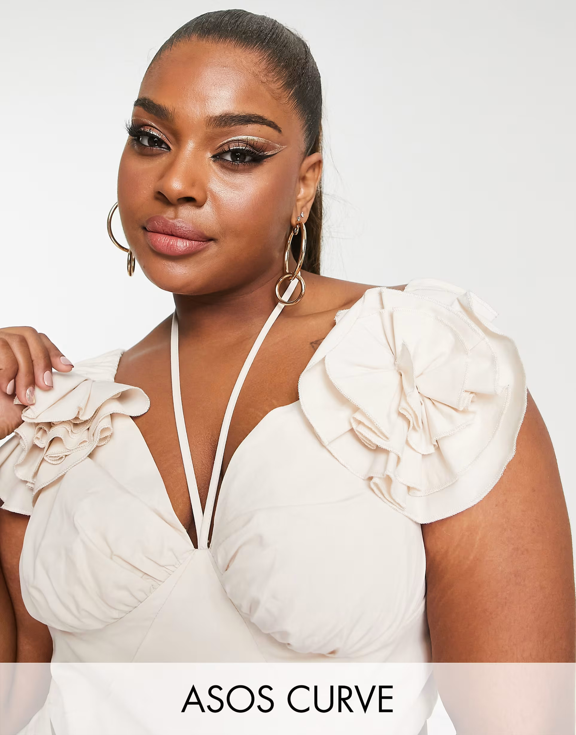 ASOS LUXE Curve halterneck corsage sleeve crop top in beige - part of a set | ASOS (Global)