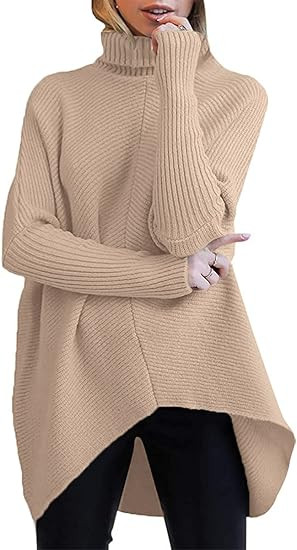 ANRABESS Womens Turtleneck Long Batwing Sleeve Asymmetric Hem Casual Pullover Sweater Knit Tops | Amazon (US)
