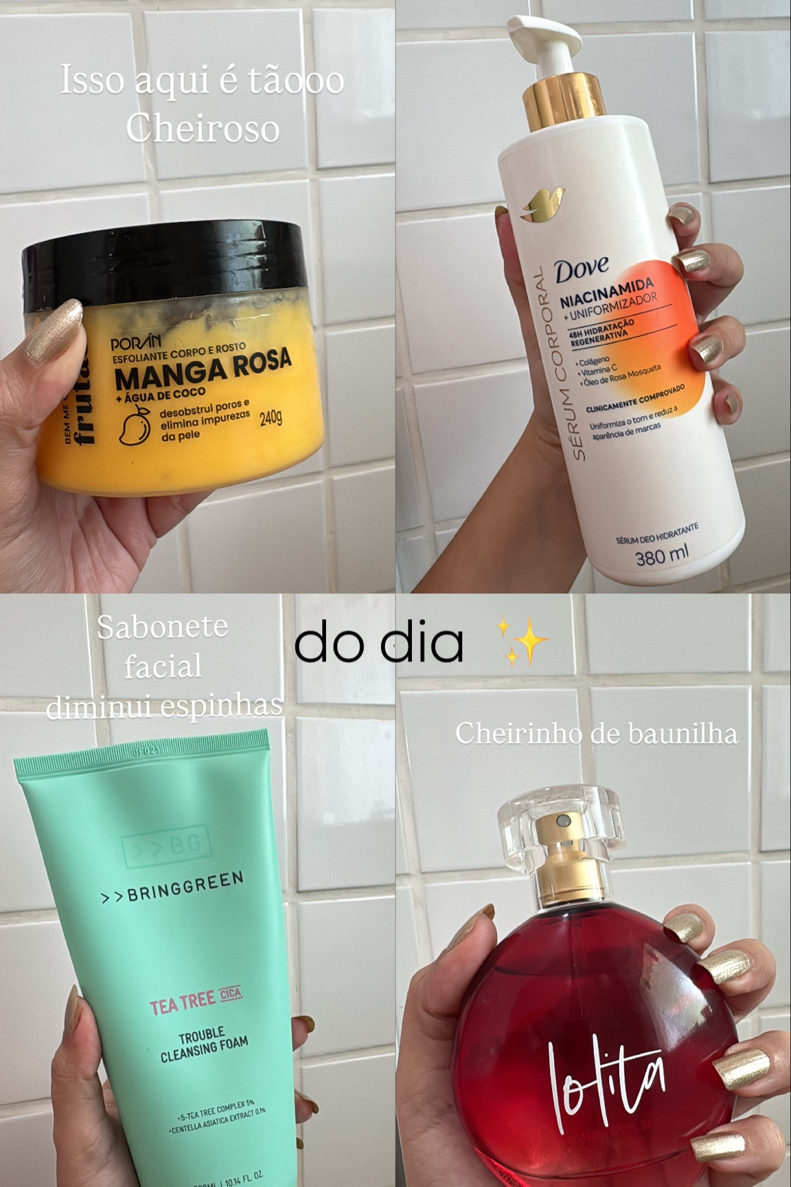 São ótimos produtos 
O sabonete facial da bring green faz muita espuma e tem tea tree ajuda muito com espinhas, quase não tenho mais.. 
O esfoliante da poran tem um cheiro super gostoso que dura na pele
O hidratante Dove com o tempo ajuda a clarear manchas, ele some na pele e não fica grudento, muito bom. 
O deo colônia Lolita está em falta, mas é ótimo tem cheiro de baunilha e o cheiro permanece no corpo por um tempo. 

#LTKpromo #LTKbrasil #LTKbeleza