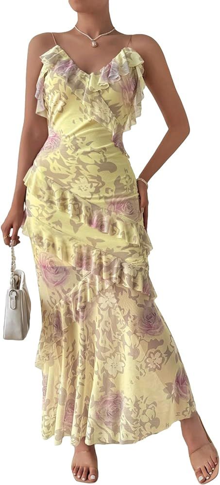 Milumia Ruffle Maxi Dress Tie Dye Bodycon Crisscross Backless Ruched Side Long Cami Dresses for W... | Amazon (US)