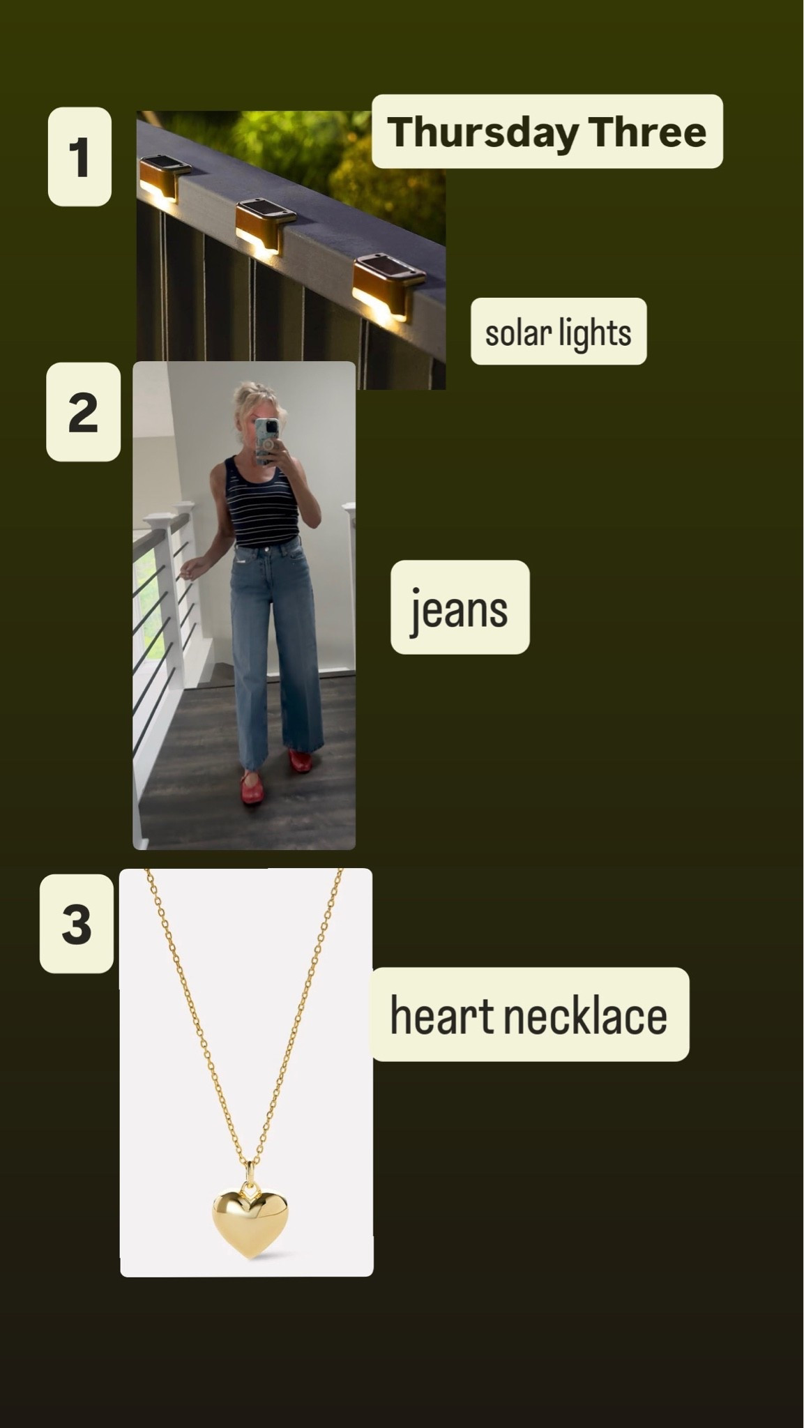 Thursday Three #jeans #solarlights #goldnecklace #heartnecklace

#LTKOver40 #LTKPetite #LTKHome