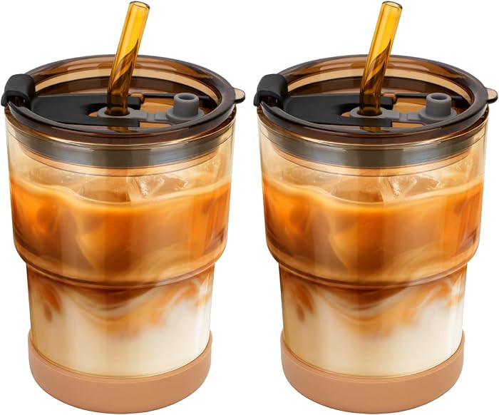 Zukro 13 oz Glass Iced Coffee Cups with Lid and Straw for Office/Home/Work, Leak Proof Thick Wall... | Amazon (US)