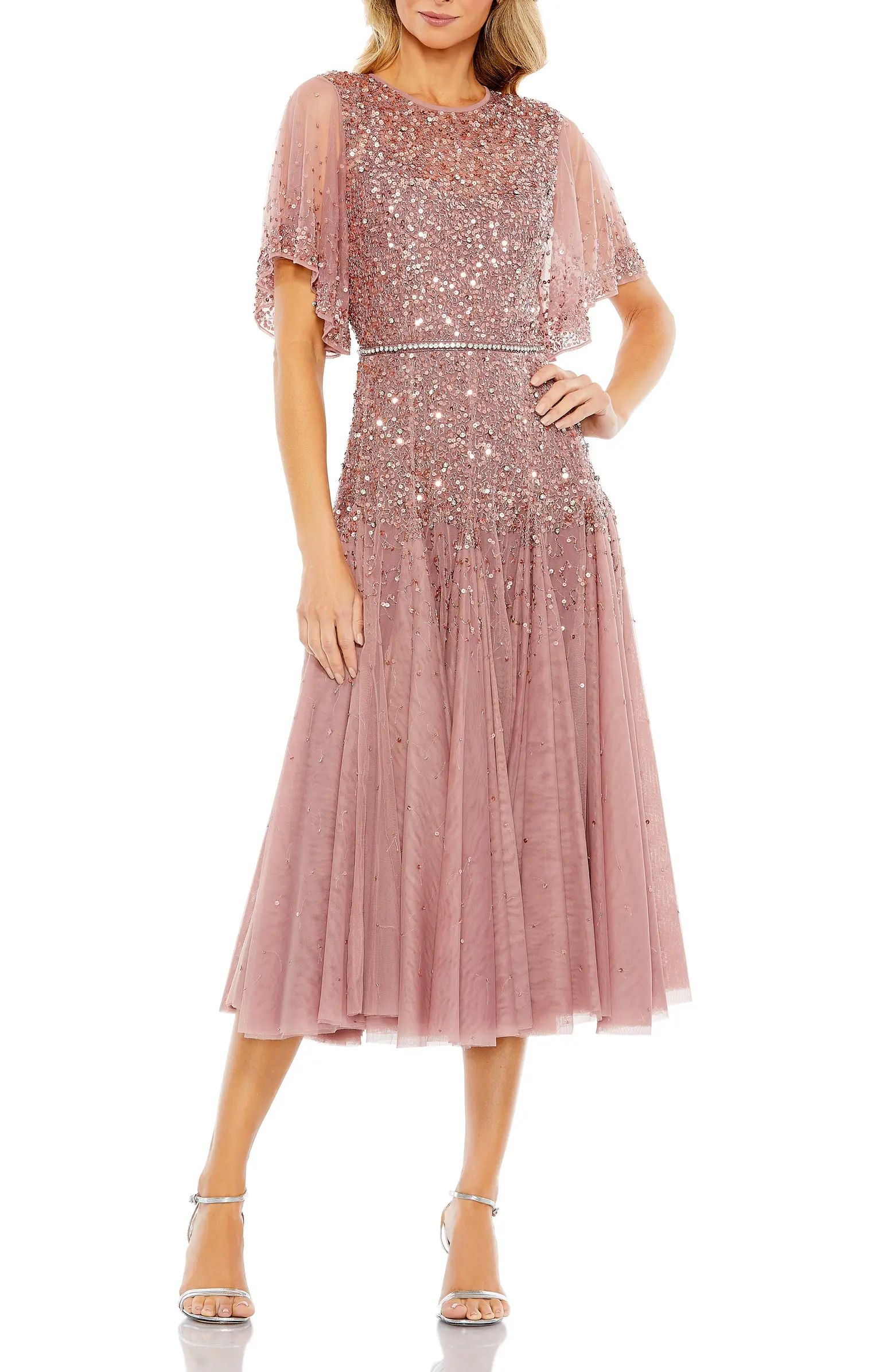 Sequin & Crystal Embellished Ruffle Sleeve Midi Cocktail Dress | Nordstrom