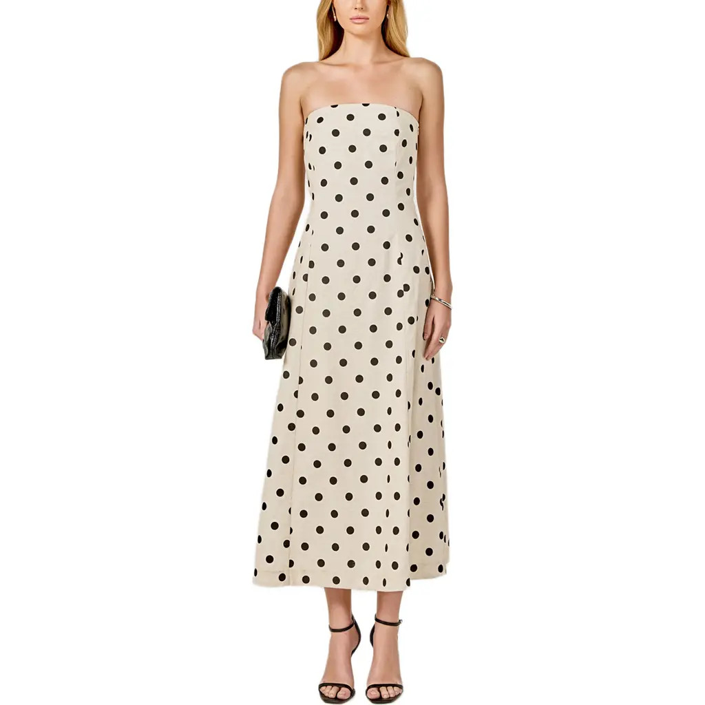Endless Rose Polka Dot Strapless Linen & Cotton Dress in Sand/Black at Nordstrom, Size X-Small | Nordstrom